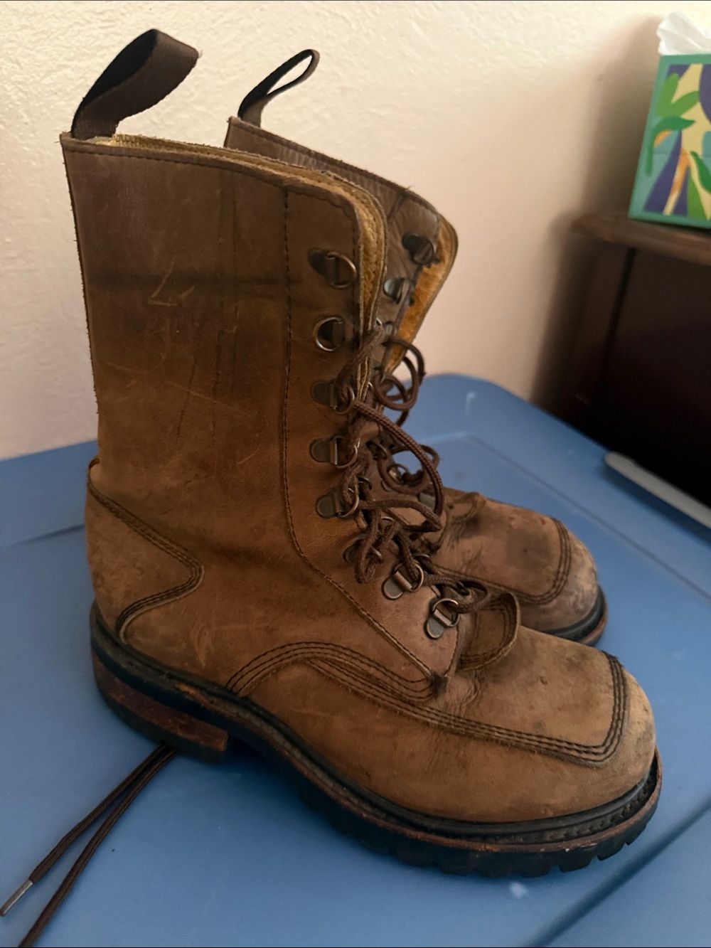 Unisex Brown Leather Lace-Up Steel Toe Work Boots with Rugged Sole